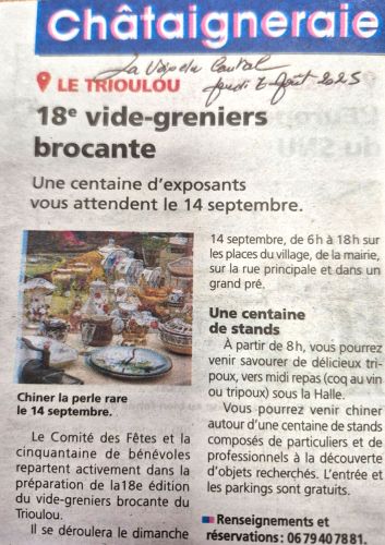 La Voix du Cantal du 7 août 2025 - Annonce du vide grenier du 14 septembre, Le Trioulou Cantal