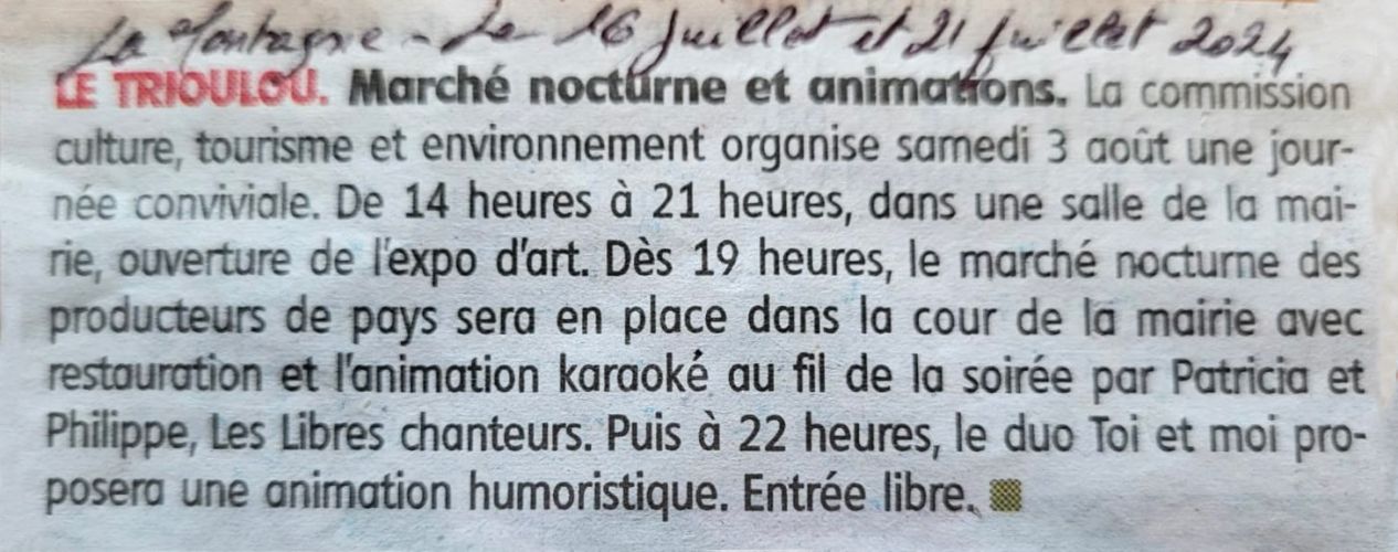 Article de la Montagne 21 juillet 2024 - Le Trioulou Cantal - Marché nocturne