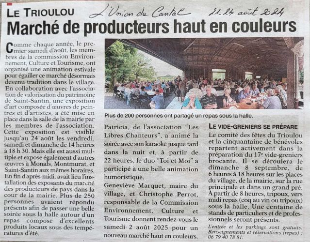 Article de l'Union du Cantal 24 août 2024 - Le Trioulou Cantal - marché de producteurs