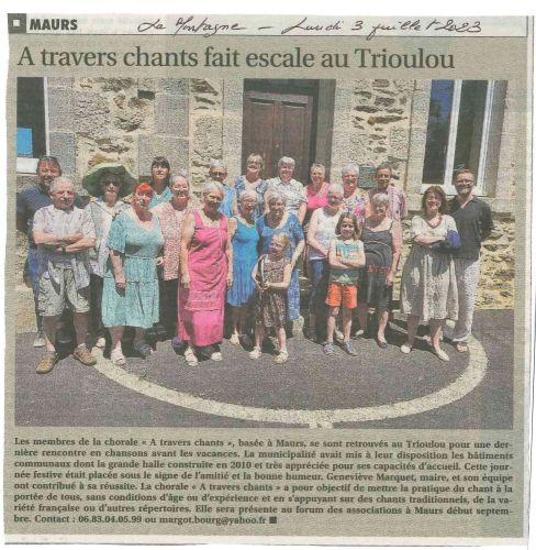 Article sur le Trioulou Chorale de chants paru dans La Montagne le 3 juillet 2023