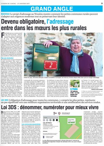 L'Union du Cantal du 27 janvier 2025 - adressage dans la petite commune du Trioulou