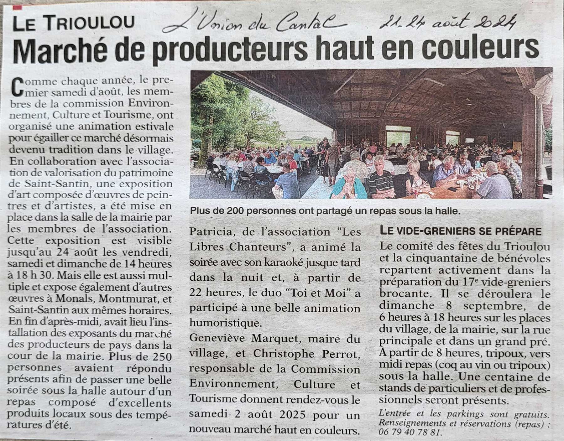 Article de l'Union du Cantal 24 août 2024 - Le Trioulou Cantal - marché de producteurs